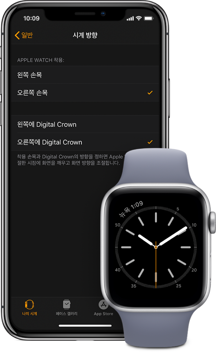 iPhone의 Apple Watch 앱 및 Apple Watch에 있는 방향 설정이 표시된 연속 보기 화면. 손목 및 Digital Crown 환경설정을 설정할 수 있습니다.