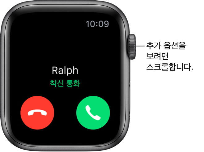 발신자의 이름, ‘수신 통화’라는 단어, 빨간색의 거절 버튼, 초록색의 응답 버튼이 있는 전화를 받을 때의 Apple Watch 화면.