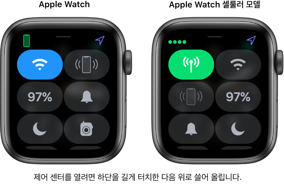 이미지 두 장: 왼쪽에는 제어 센터가 표시되어 있고 셀룰러 모델이 아닌 Apple Watch. 왼쪽 상단에 Wi-Fi 버튼, 오른쪽 상단에 iPhone에 핑 버튼, 왼쪽 중앙에 배터리 잔량 버튼, 오른쪽 중앙에 무음 모드 버튼, 왼쪽 하단에 방해금지 모드, 오른쪽 하단에 워키토키 버튼. 오른쪽 이미지는 Apple Watch 셀룰러 모델. 왼쪽 상단에 셀룰러 버튼, 오른쪽 상단에 Wi-Fi 버튼, 왼쪽 중앙에 iPhone에 핑 버튼, 오른쪽 중앙에 배터리 잔량 버튼, 왼쪽 하단에 무음 모드 버튼, 오른쪽 하단에 방해금지 모드 버튼이 있는 제어 센터.