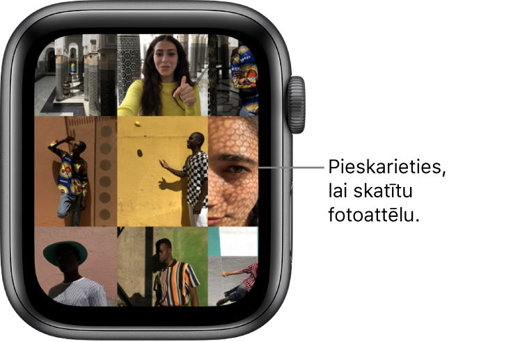 Lietotnes Photos galvenais ekrāns Apple Watch pulkstenī, kurā režģa izkārtojumā izvietoti vairāki fotoattēli.