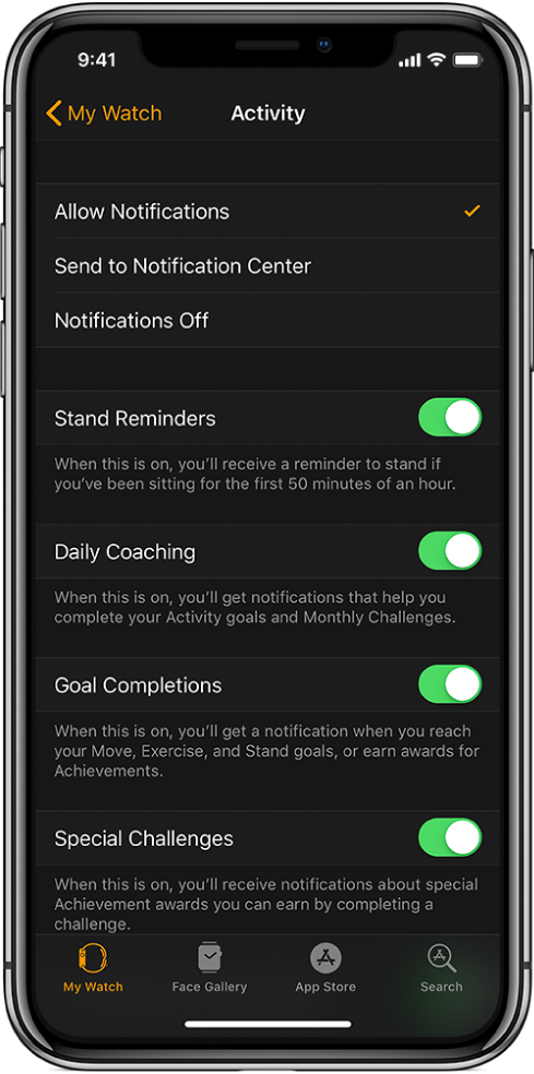 Apple Watch lietotnes Activity ekrāns, kurā varat pielāgot paziņojumus, ko vēlaties saņemt.