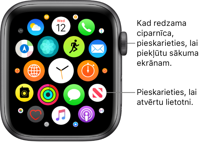 Apple Watch sākuma ekrāns režģa skatā; lietotnes ir izkārtotas klasterī. Lai atvērtu lietotni, pieskarieties tās ikonai. Velciet, lai redzētu vairāk lietotņu.