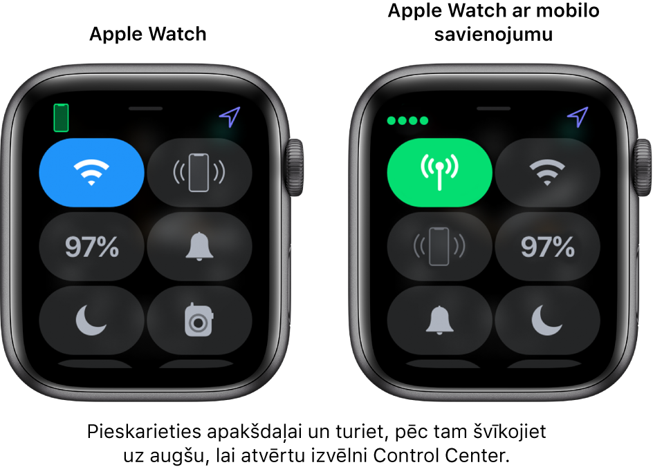 Divi attēli. Pa kreisi redzams Apple Watch pulkstenis bez mobilā savienojuma, un tā ekrānā atvērta izvēlne Control Center. Poga Wi-Fi atrodas augšējā kreisajā stūrī, poga Ping iPhone atrodas augšējā labajā stūrī, poga Battery Percentage atrodas centrā pa kreisi, poga Silent Mode atrodas centrā pa labi, poga Do Not Disturb ir apakšējā kreisajā stūrī, bet poga Walkie-Talkie atrodas apakšējā labajā stūrī. Attēlā pa labi ir redzams Apple Watch pulkstenis ar mobilo savienojumu. Tā izvēlnes Control Center augšējā kreisajā stūrī ir redzama poga Cellular, augšējā labajā stūrī ir poga Wi-Fi, centrā pa kreisi ir poga Ping iPhone, centrā pa labi ir poga Battery Percentage, apakšējā kreisajā stūrī ir poga Silent Mode, un apakšējā labajā stūrī ir poga Do Not Disturb.