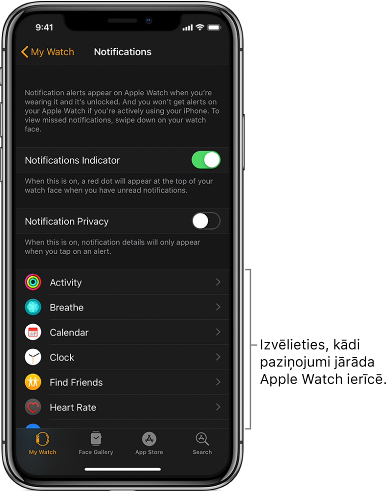 Ekrāns Notifications, kas ir atvērts iPhone lietotnē Apple Watch un attēlo paziņojumu avotus.
