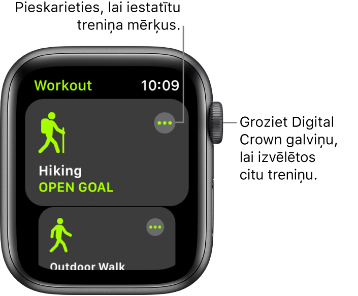 Lietotnes Workout ekrāns, kurā iezīmēta treniņa opcija Hiking. Augšējā labajā stūrī atrodas poga More. Zemāk atrodas daļējs treniņa Outdoor Walk attēlojums.