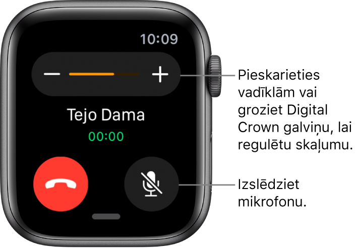 Ienākoša tālruņa zvana laikā ekrāna augšmalā ir redzami skaļuma simboli — un +, bet apakšējā labajā stūrī ir poga Mute.
