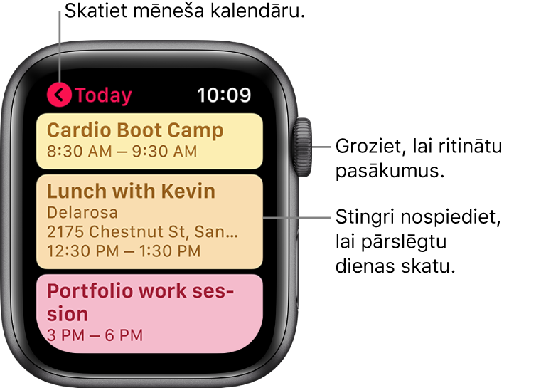 Lietotnes Calendar ekrāns, kurā tiek rādīts šodienas pasākumu saraksts.