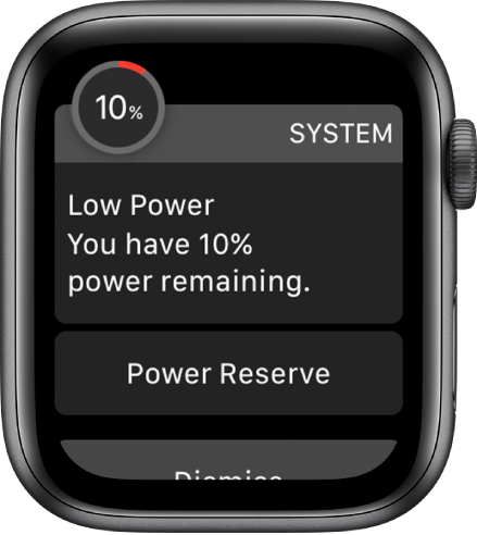 Brīdinājumā par zemu akumulatora līmeni ir poga, kurai varat pieskarties, lai pārslēgtu pulksteni režīmā Power Reserve.