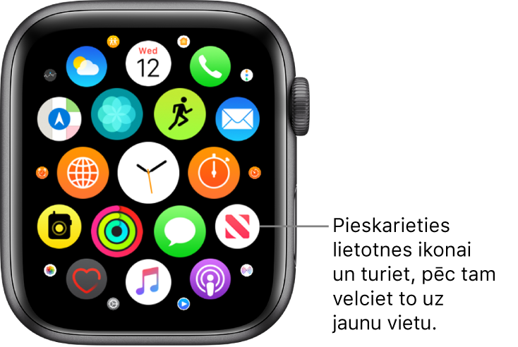 Apple Watch sākuma ekrāns režģa skatā. Tam ir remarka “Pieskarieties lietotnes ikonai un turiet, pēc tam velciet to uz jaunu vietu”.