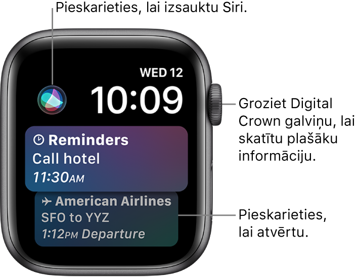 Ciparnīca Siri parāda atgādinājumu un iekāpšanas karti. Siri poga atrodas ekrāna augšējā kreisajā stūrī. Datums un pulksteņa laiks ir norādīts augšējā labajā stūrī.