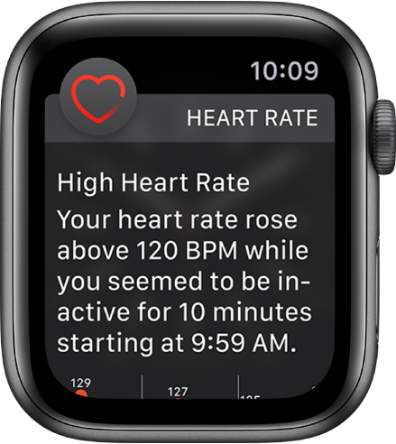 Lietotnes Heart Rate brīdinājums, kurā norādīts ātrs pulss.
