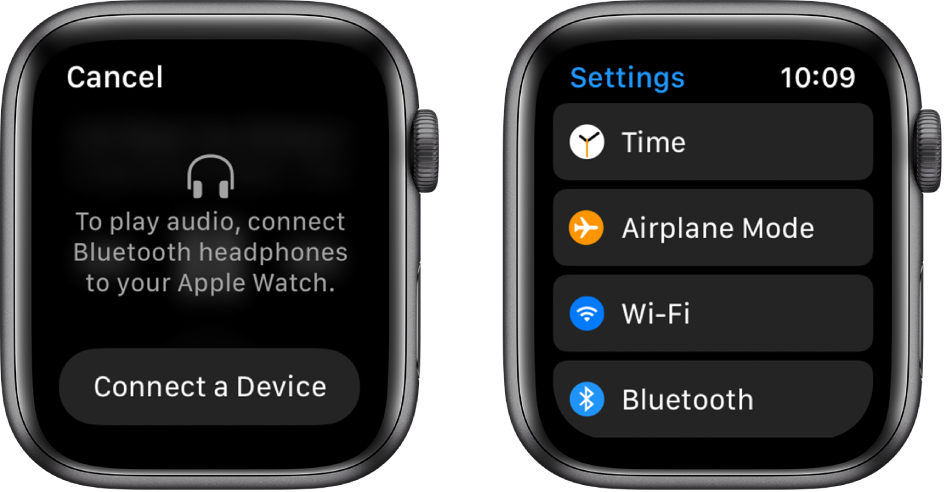 Ja pārslēgsit mūzikas avotu uz savu Apple Watch pulksteni, pirms būs izveidots savienojums pārī ar Bluetooth skaļruņiem vai austiņām, ekrāna apakšdaļā tiks parādīta poga “Connect a Device”, kura ļaus piekļūt jūsu Apple Watch pulksteņa Bluetooth iestatījumiem. Šajos iestatījumos varēsit pievienot klausīšanās ierīci.