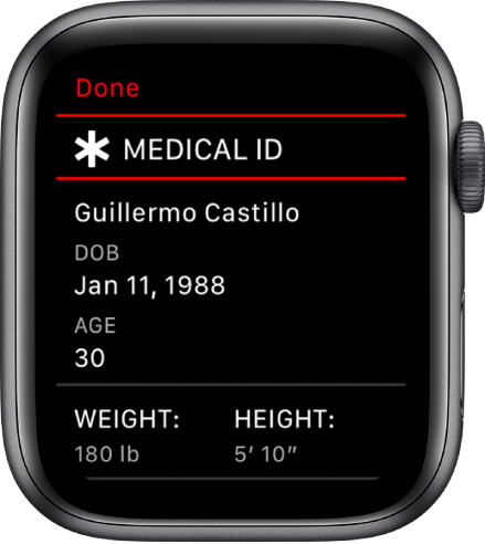 Medicīniskā ID ekrānā ir redzams lietotāja vārds, dzimšanas datums, vecums, svars un garums.