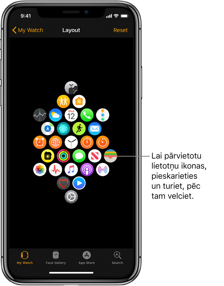 Lietotnes Apple Watch ekrāns Layout, kurā redzams ikonu režģis. Uz lietotnes ikonu norāda remarka “Pieskarieties un velciet, lai pārvietotu lietotnes”.