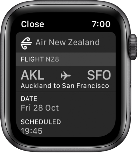 Apple Watch ekrāns, kurā uzrādīta iekāpšanas karte.