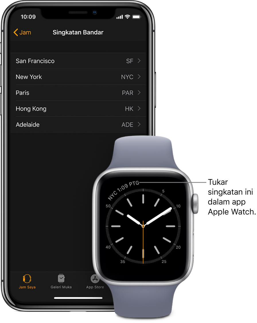 Muka jam dengan penunjuk ke waktu di Kuala Lumpur, menggunakan singkatan KUL. Skrin seterusnya menunjukkan senarai bandar pada seting Singkatan Bandar, dalam seting Jam dalam app Apple Watch pada iPhone.