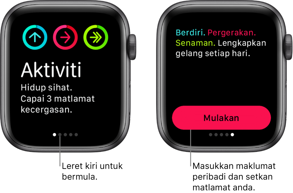 Dua skrin: Satu menunjukkan skrin pembukaan app Aktiviti, yang lain menunjukkan butang Mulakan.