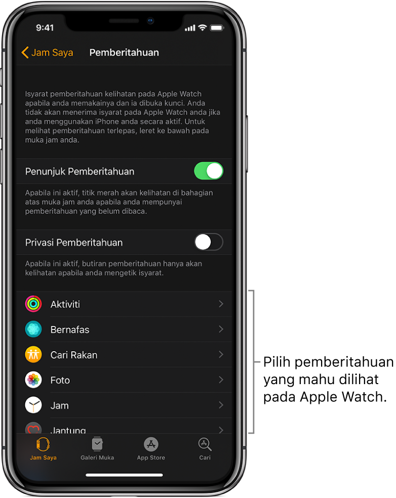 Skrin Pemberitahuan dalam app Apple Watch pada iPhone, menunjukkan sumber pemberitahuan.