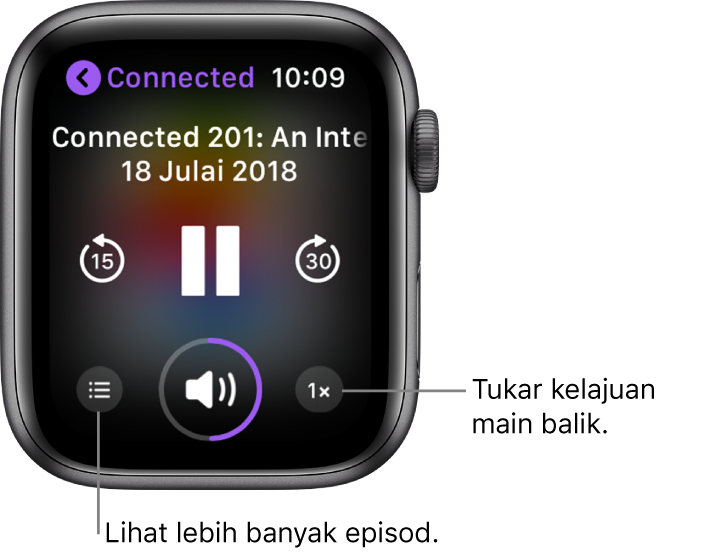 Skrin Kini Dimainkan Podcast menunjukkan tajuk rancangan, tajuk episod, tarikh, butang langkau ke belakang 15 saat, butang jeda, butang langkau ke depan 30 saat, butang episod, penunjuk kelantangan dan butang kelajuan main balik.