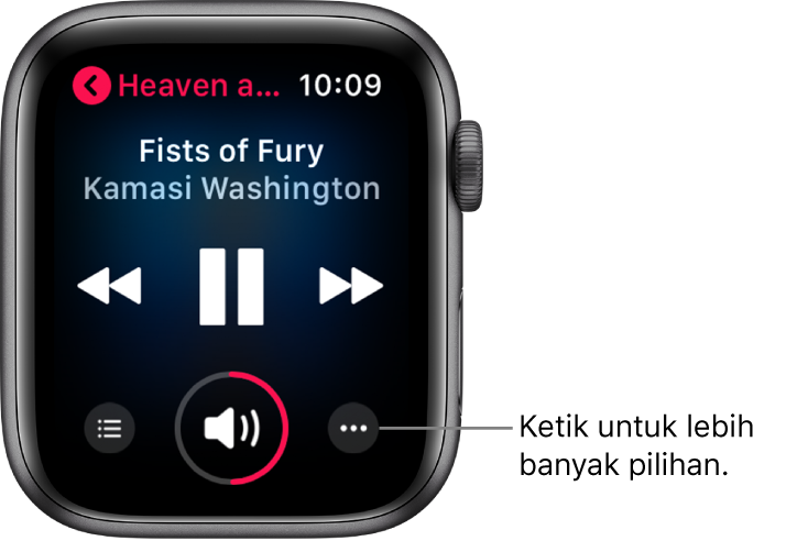 Skrin Kini Dimainkan menunjukkan kawalan main dan kelantangan, tajuk lagu dan artis di atasnya dan di bahagian kiri atas, tajuk album.