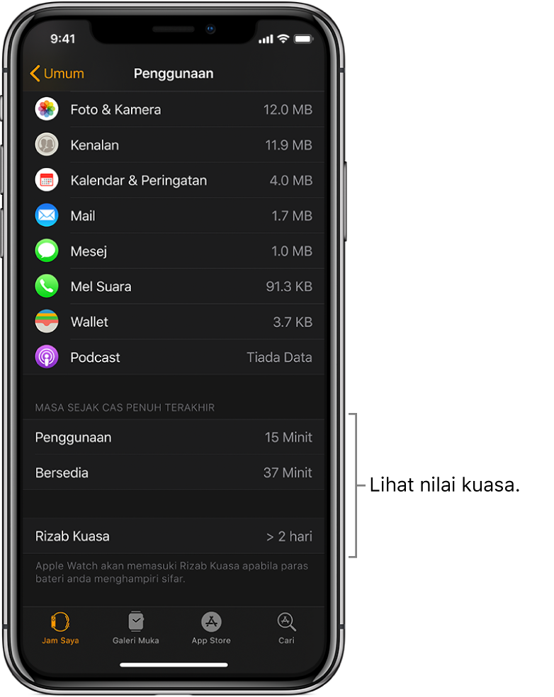 Pada skrin Penggunaan dalam app Apple Watch, lihat nilai kuasa untuk Penggunaan, Bersedia dan Rizab Kuasa di separuh bawah skrin.