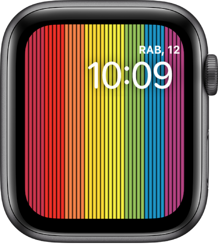 Muka jam Pride Digital menunjukkan jalur pelangi menegak dengan hari, tarikh dan masa di bahagian kanan atas.