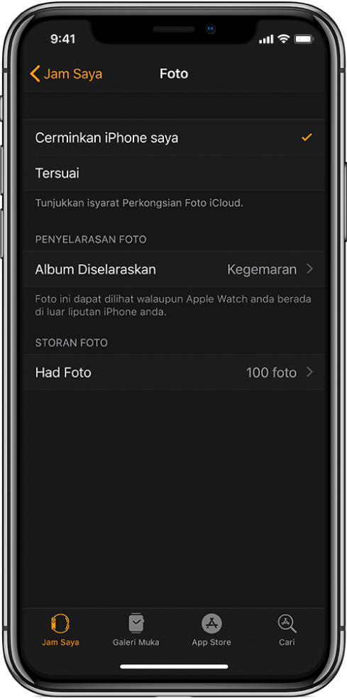 Seting foto dalam app Apple Watch pada iPhone, dengan seting Album Diselaraskan di tengah dan seting Had Foto di bawahnya.