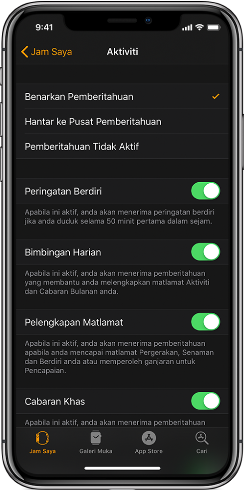 Skrin Aktiviti dalam app Apple Watch, di mana anda boleh sesuaikan pemberitahuan yang anda ingin dapatkan.