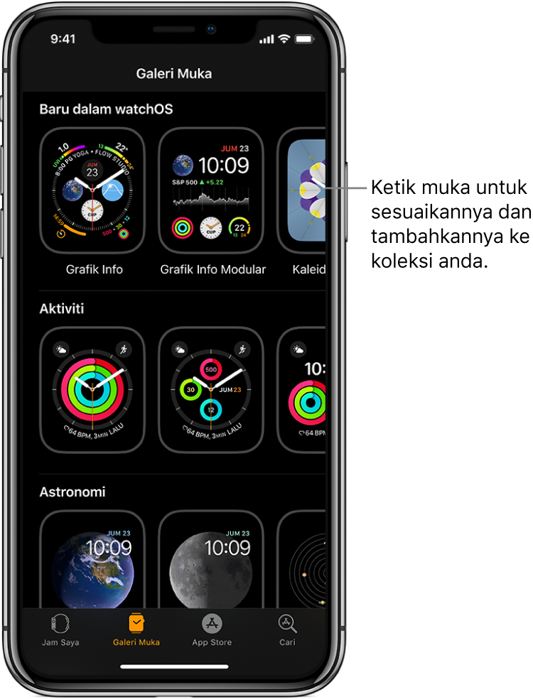 App Apple Watch membuka Galeri Muka. Baris teratas menunjukkan muka baru, baris seterusnya menunjukkan muka yang dikumpulkan mengikut jenis—contohnya Aktiviti dan Astronomi. Anda boleh skrol untuk melihat lebih banyak muka dihimpunkan mengikut jenis.