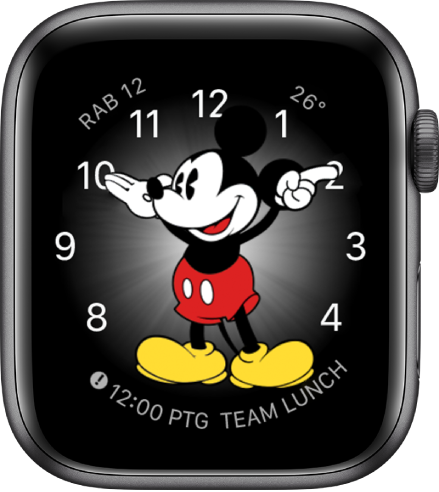 Muka jam Mickey Mouse di mana anda boleh menambah banyak komplikasi.