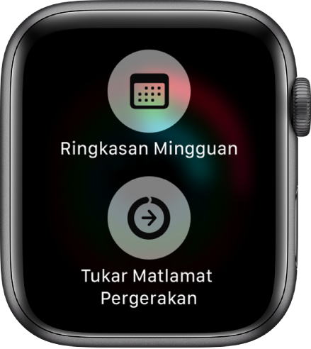 Skrin app Aktiviti menunjukkan butang Ringkasan Mingguan dan butang Tukar Matlamat Pergerakan.