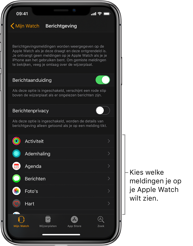 Het Berichtgeving-scherm in de Apple Watch-app op de iPhone, met apps waarvoor meldingen kunnen verschijnen.