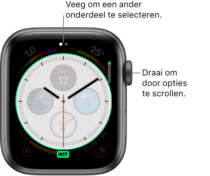 Scherm voor het aanpassen van de wijzerplaat Infograaf met klok. Draai de Digital Crown om andere opties weer te geven.