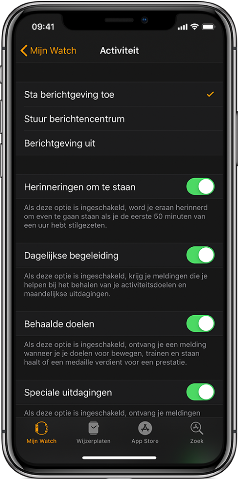 Het Activiteit-scherm in de Apple Watch-app, waar je kunt instellen welke meldingen je wilt ontvangen.