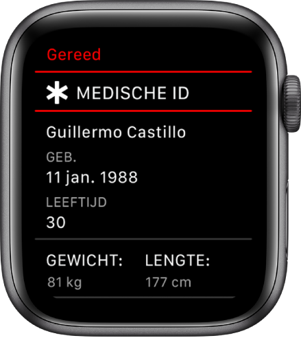 Het scherm 'Medische ID' met de naam, de geboortedatum, de leeftijd, het gewicht en de lengte van de gebruiker.