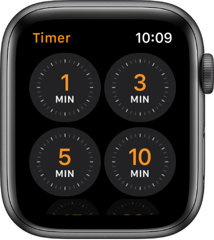 Het scherm van de Timer-app, met timers voor 1, 3, 5 en 10 minuten.