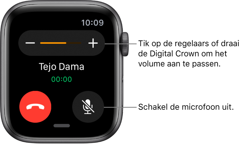 Tijdens een inkomend gesprek zie je boven in het scherm de volumesymbolen – en + en rechtsonderin de knop om het geluid uit te schakelen.
