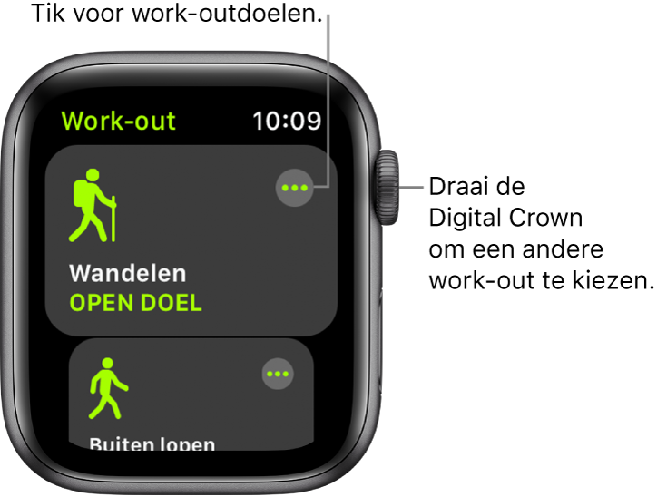 Het Work-out-scherm met de work-out 'Wandelen' geselecteerd. Rechtsbovenin bevindt zich de knop 'Meer'. Onderin is een deel van de work-out 'Buiten lopen' te zien.