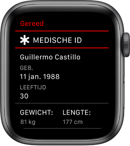 Een scherm 'Medische ID' met de naam, de geboortedatum, de leeftijd, het gewicht en de lengte van een gebruiker.