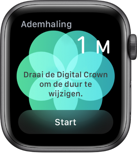 Het scherm van de Ademhaling-app met rechtsboven een duur van één minuut en onderin de knop 'Start'.