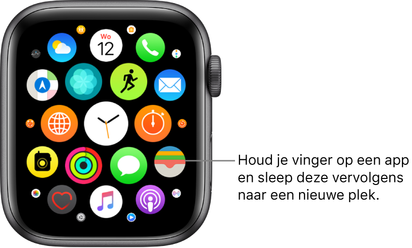 Beginscherm van de Apple Watch in de rasterweergave. Het bijschrift luidt: "Houd je vinger op een appsymbool en sleep het vervolgens naar een nieuwe plek."