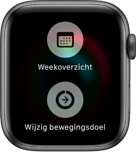 Het scherm van de Activiteit-app met de knop 'Weekoverzicht' en de knop 'Wijzig bewegingsdoel'.