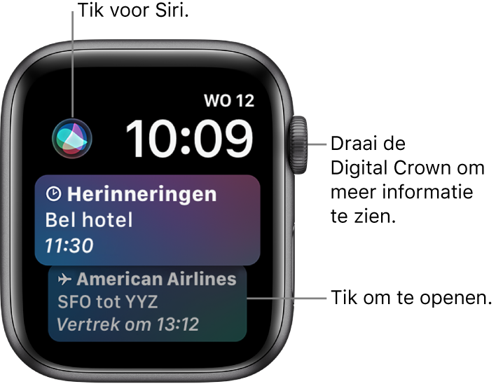 De wijzerplaat Siri met een herinnering en een instapkaart. Linksboven op het scherm bevindt zich een Siri-knop. Rechtsbovenin bevinden zich de datum en de tijd.