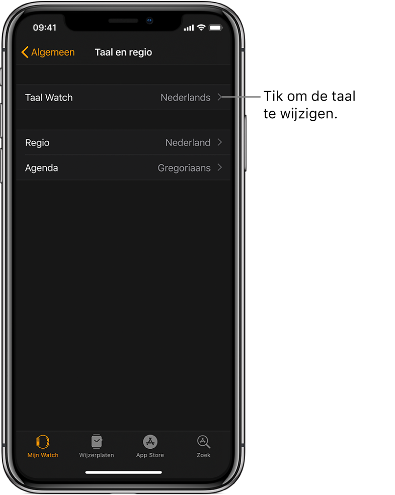 Het scherm 'Taal en regio' in de Apple Watch-app, met bovenin de instelling van de taal van de Watch.