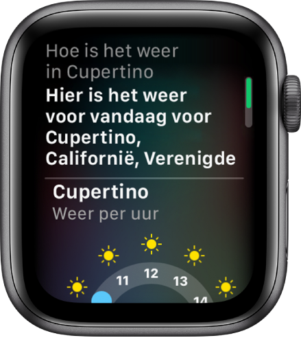 Een Siri-scherm. Bovenin staat de vraag "Hoe is het weer in Cupertino?" In het antwoord eronder staat "Hier is het weer in Cupertino", gevolgd door een grafiek met de weersomstandigheden per uur in Cupertino.