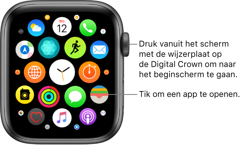 Beginscherm van de Apple Watch in de rasterweergave, met gegroepeerde apps. Tik op een app om deze te openen. Sleep om meer apps weer te geven.