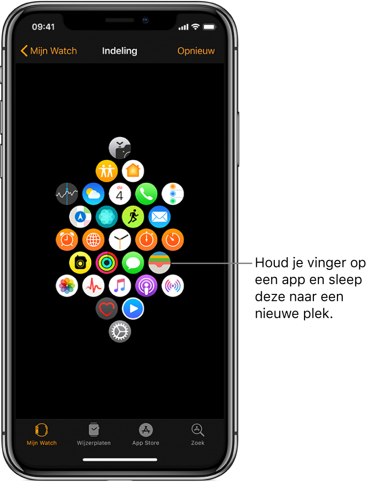 Het indelingsscherm in de Apple Watch-app toont een raster met apps. Een bijschrift wijst naar een appsymbool en luidt: "Houd je vinger op een app en sleep deze naar een nieuwe plek."