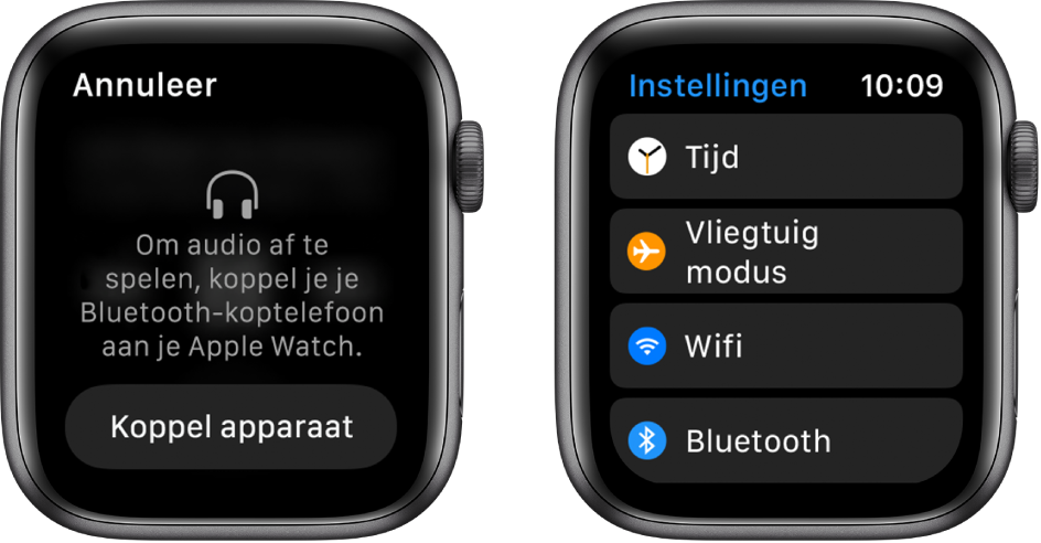 Als je de audiobron instelt op Apple Watch voordat je Bluetooth-luidsprekers of een Bluetooth-headset koppelt, verschijnt er midden in het scherm een knop 'Verbind'. Met deze knop ga je rechtstreeks naar de Bluetooth-instellingen op je Apple Watch, zodat je een luisterapparaat kunt toevoegen.