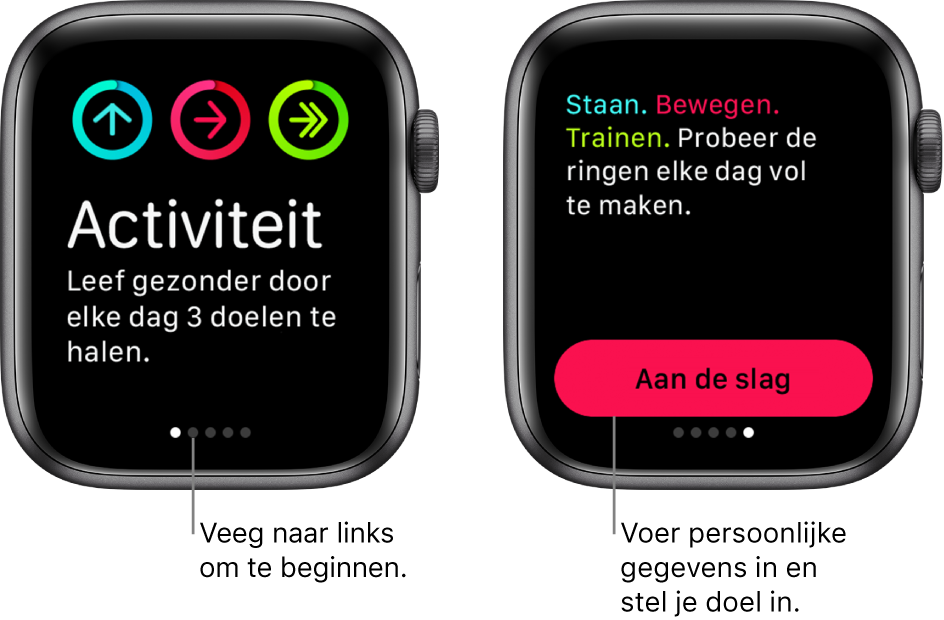 Twee schermen: Het ene scherm toont het beginscherm van de Activiteit-app en het andere scherm toont de knop 'Aan de slag'.