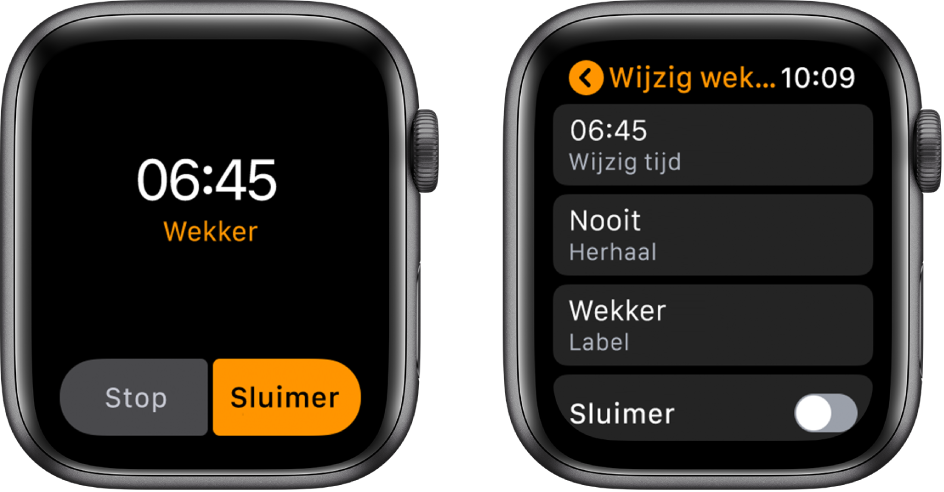 Twee Apple Watch-schermen: Het ene scherm toont een wijzerplaat met een sluimerknop en het andere scherm toont opties om de instellingen van de wekker te wijzigen, met onderin de sluimeroptie.